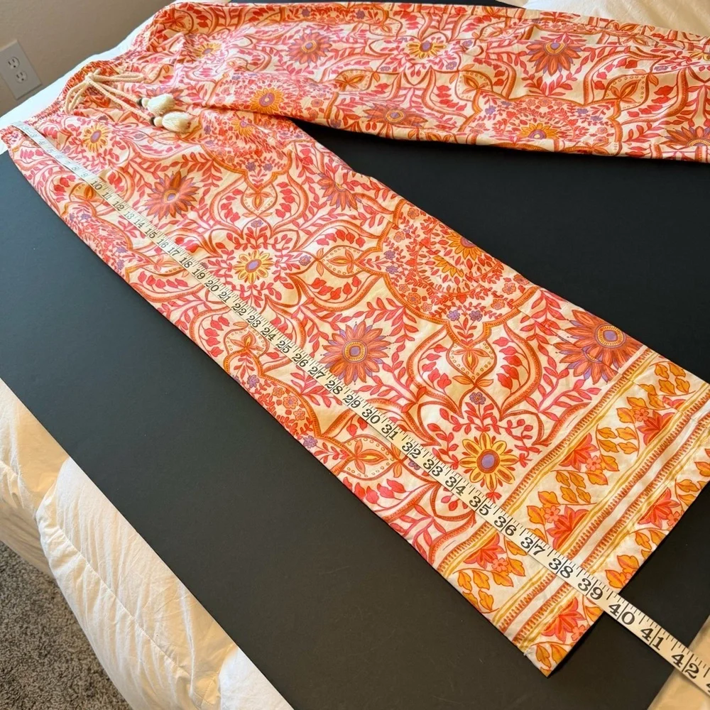 Olivaceous boho print orange wide leg pull up elastic waist cotton pants, sz S